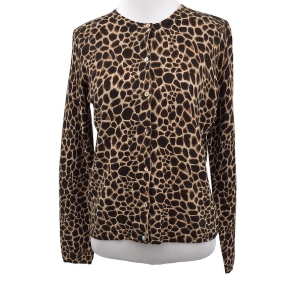 Ann Taylor Brown Animal Print Knit Cardigan Womens XS Merino Wool Sweater Angora - Picture 1 of 12